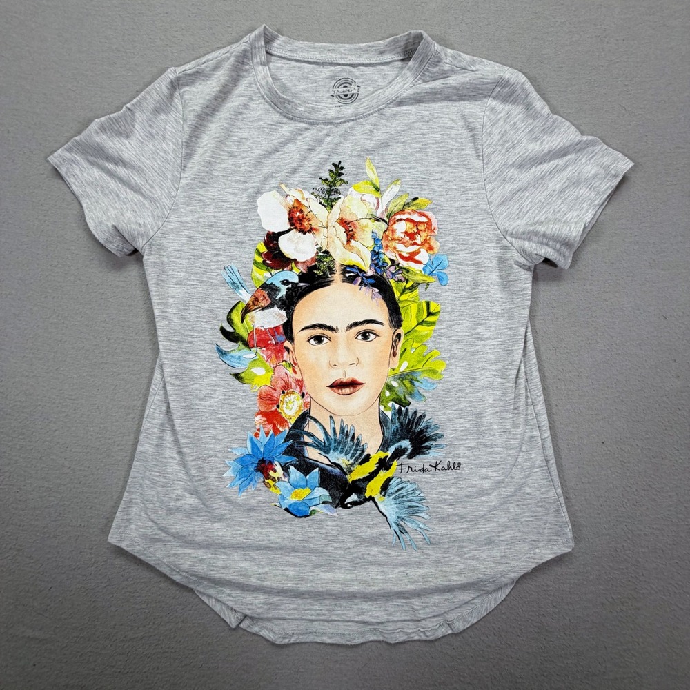 Frida Kahlo Graphic Tee Women L Good Gray Floral Portrait Short Sleeve T-Shirt